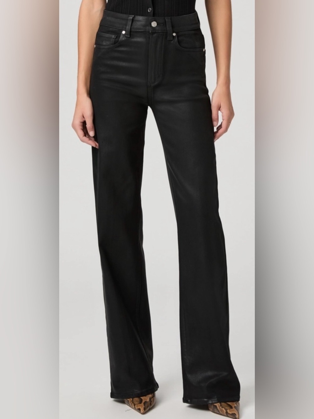 PAIGE Sasha Wide Leg Jeans 28 Black Fog Luxe Coated 34” Inseam Tall NWOT
